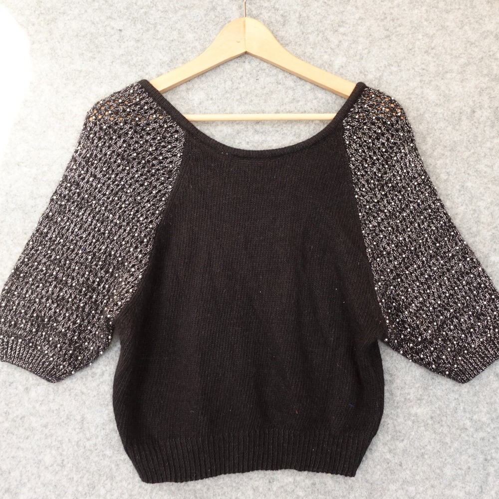 Vintage FABE Crop Sweater Womens S Black Metallic Mesh Pearl Beaded Raglan Party